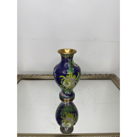 Vintage Cloisonné Vase 6" Floral Oriental Jar~Blue Enamel Pink Florals - Picture 2 of 9